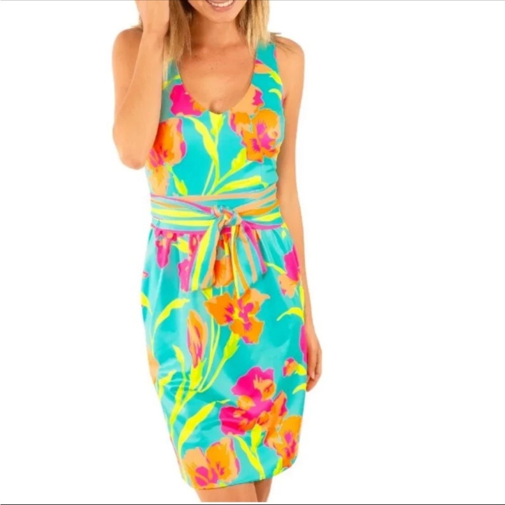 Gretchen Scott Iconic Iris Turquoise Belted Date Night Vacation Dress S